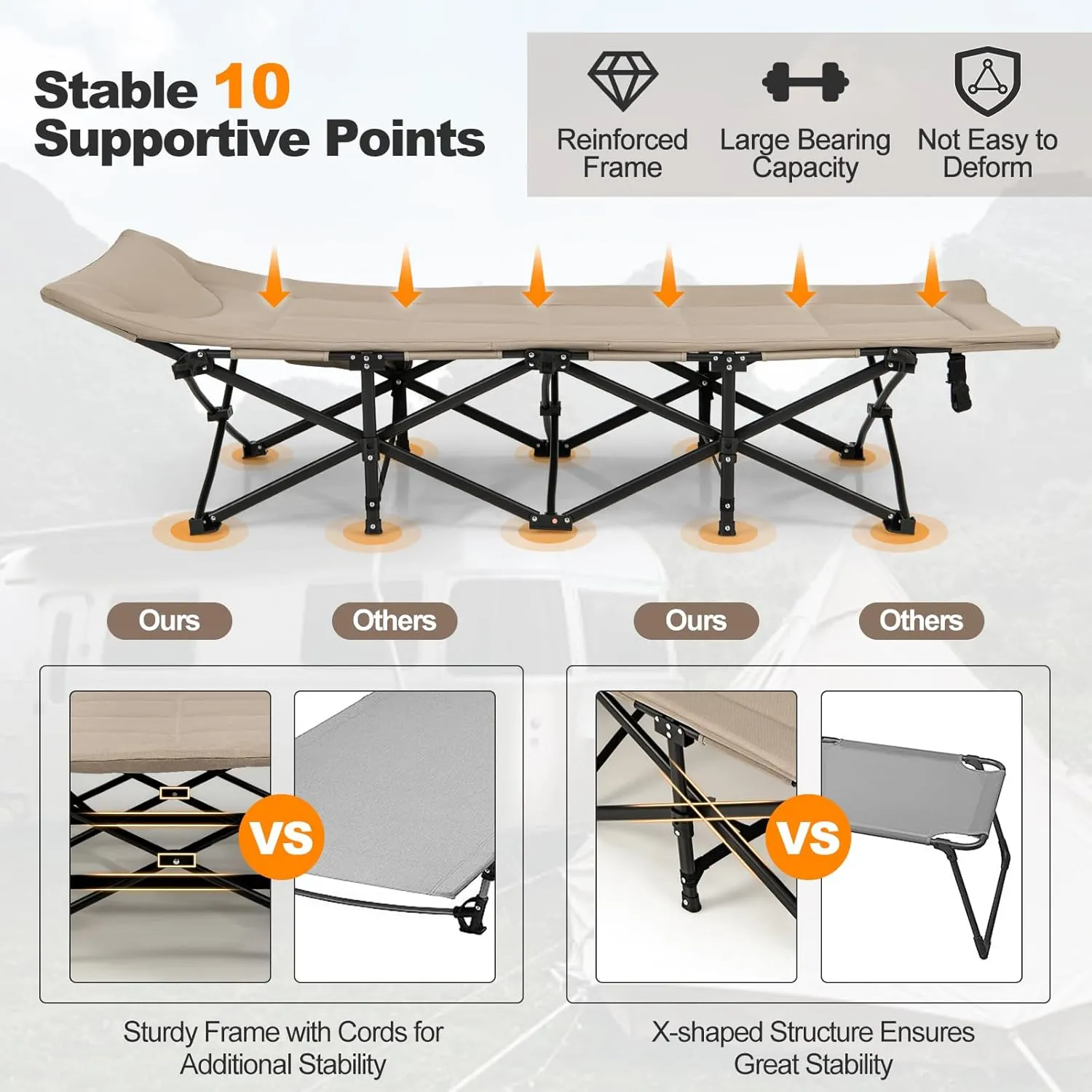 KOMFOTT Camping Cot for Adults, Portable Folding Bed for Sleeping with Pad & Pillow Lightweight Tent Cot with Carry Bag, Ideal for Indoor Outdoor Travel Camp Vacation, Supports 450 LBS (Khaki)