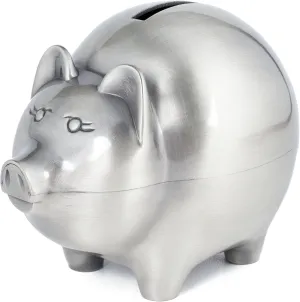 Large Pewter Pig Piggy Bank for Kids, Newborn Gift, Silver, Brushed Non-Tarnish Nickel Plated Finish, 3" x 3.75", Gift Box Included