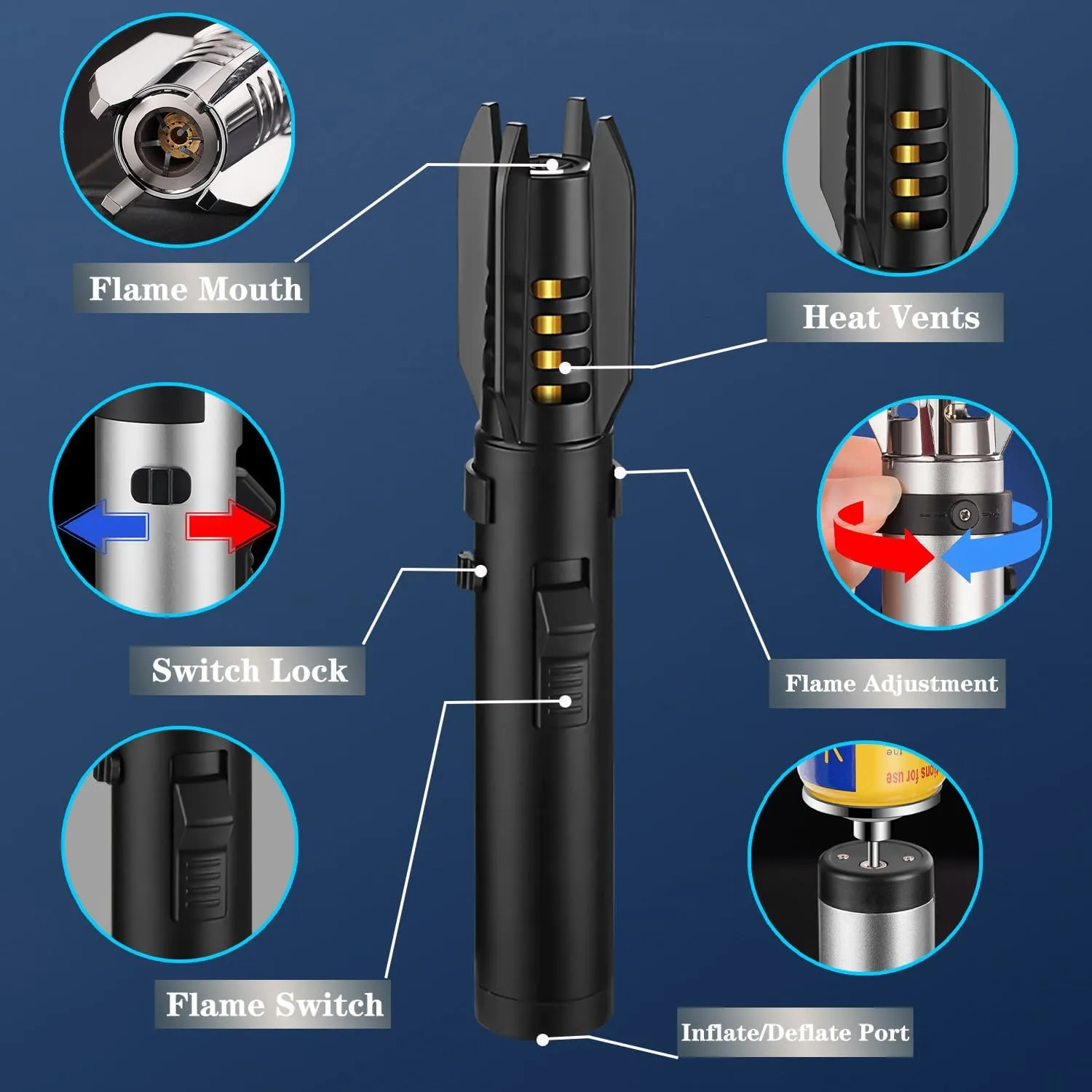 Large Torch Lighter, Windproof Butane Lighters with Flame Adjustable, Refillable, Jet Flame, Flame Switch Lock, Cool Lighter for Men.(Gas Not Include) (Blue)