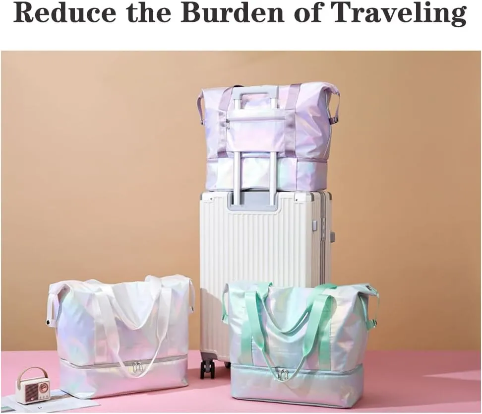 Large Travel Duffle Bag - Dry/Wet Separation Tote - Lightweight Waterproof Gym Yoga & Weekend Overnight Bag (White)