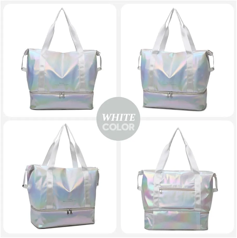 Large Travel Duffle Bag - Dry/Wet Separation Tote - Lightweight Waterproof Gym Yoga & Weekend Overnight Bag (White)