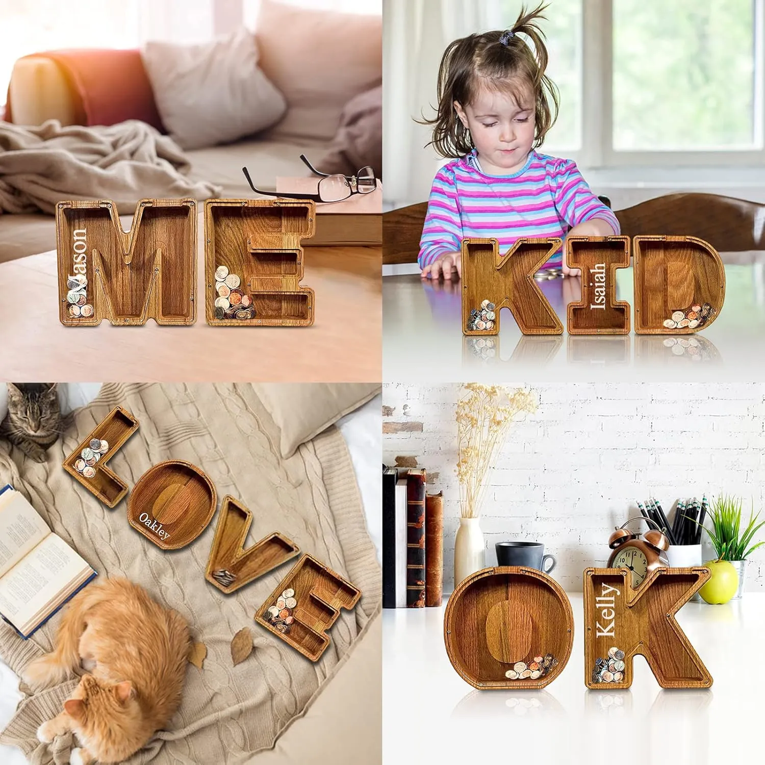 Large Wooden Personalized Piggy-Bank for Kids - A to Z Alphabet Saving Money Box, DIY Your Name Letter Coin Bank Gift for Kids Adults, Comes With Exquisite Letter Stickers