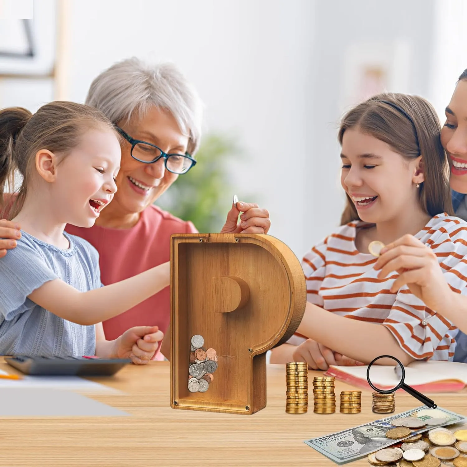 Large Wooden Personalized Piggy-Bank for Kids - A to Z Alphabet Saving Money Box, DIY Your Name Letter Coin Bank Gift for Kids Adults, Comes With Exquisite Letter Stickers