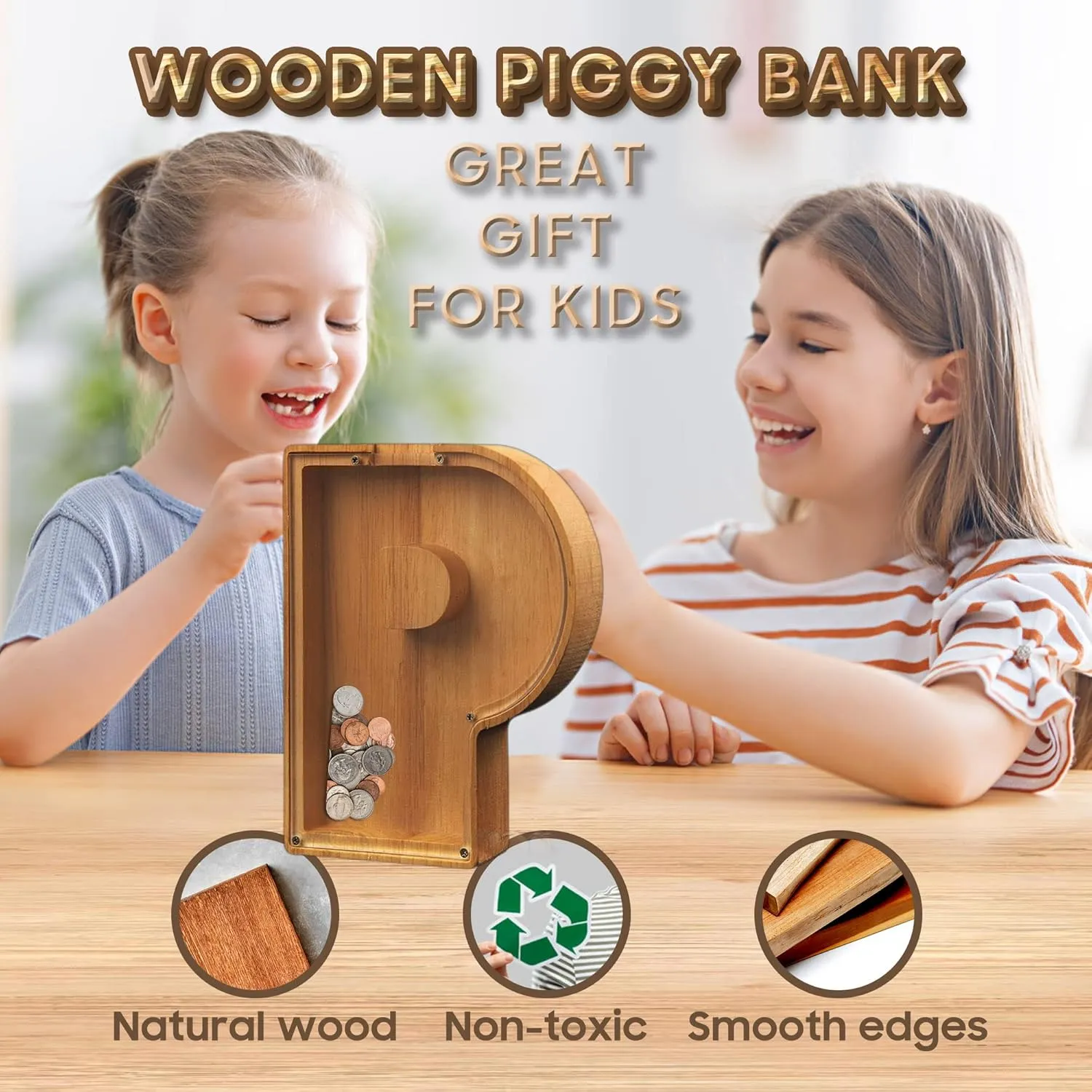 Large Wooden Personalized Piggy-Bank for Kids - A to Z Alphabet Saving Money Box, DIY Your Name Letter Coin Bank Gift for Kids Adults, Comes With Exquisite Letter Stickers