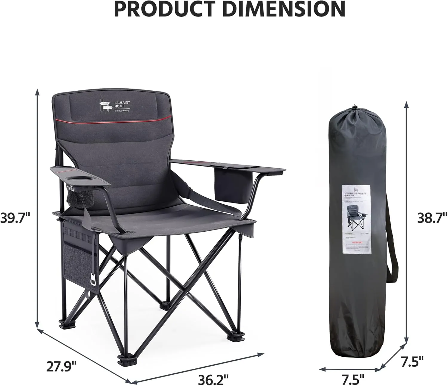 LAUSAINT HOME Oversized Camping Chair for Adults, Full Padded Outdoor Folding Chair Support 400 LBS, Heavy Duty Lawn Chair with Cup Holder, Cooler Bag, Storage Pocket, Lumbar Support (Grey)