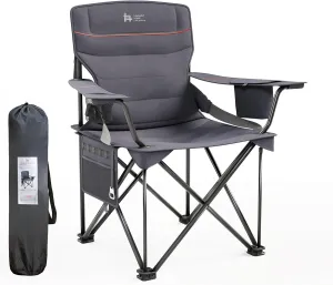 LAUSAINT HOME Oversized Camping Chair for Adults, Full Padded Outdoor Folding Chair Support 400 LBS, Heavy Duty Lawn Chair with Cup Holder, Cooler Bag, Storage Pocket, Lumbar Support (Grey)