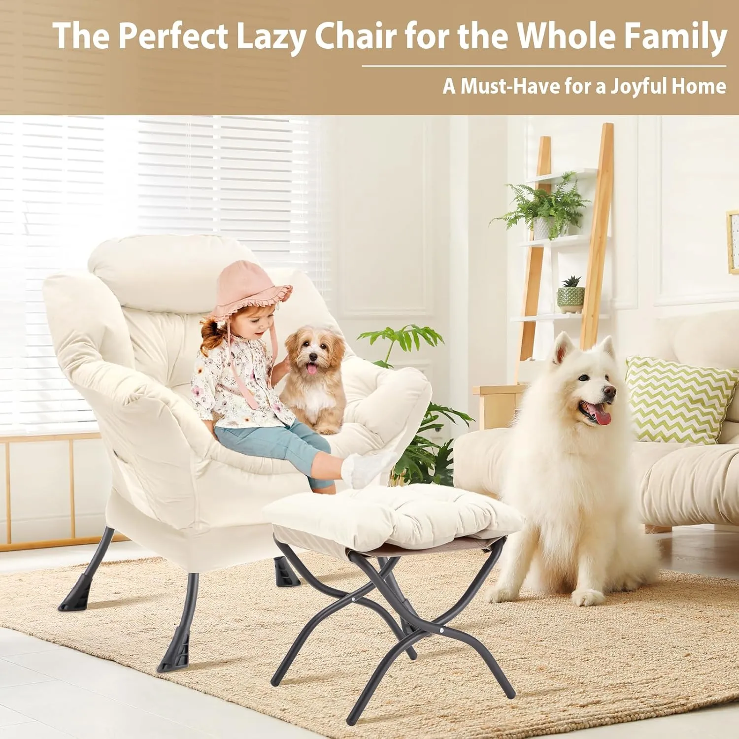 Lazy Chair with Folding Ottoman, Accent Chair Velvet Upholstered with Metal Structure and Non-Slip Pads, Sofa Armchair with Footrest and Side Storage Bag for Dorm, Room, Office, Beige