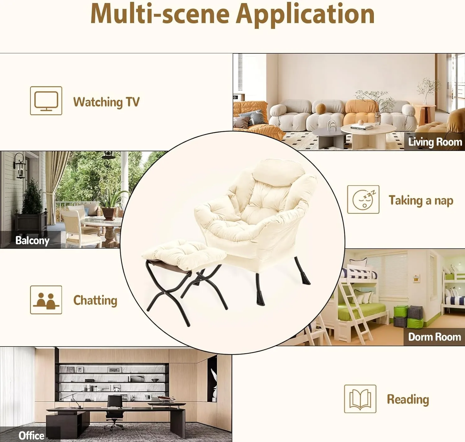 Lazy Chair with Folding Ottoman, Accent Chair Velvet Upholstered with Metal Structure and Non-Slip Pads, Sofa Armchair with Footrest and Side Storage Bag for Dorm, Room, Office, Beige