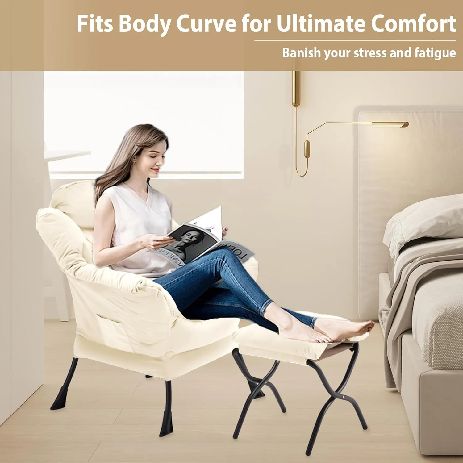 Lazy Chair with Folding Ottoman, Accent Chair Velvet Upholstered with Metal Structure and Non-Slip Pads, Sofa Armchair with Footrest and Side Storage Bag for Dorm, Room, Office, Beige