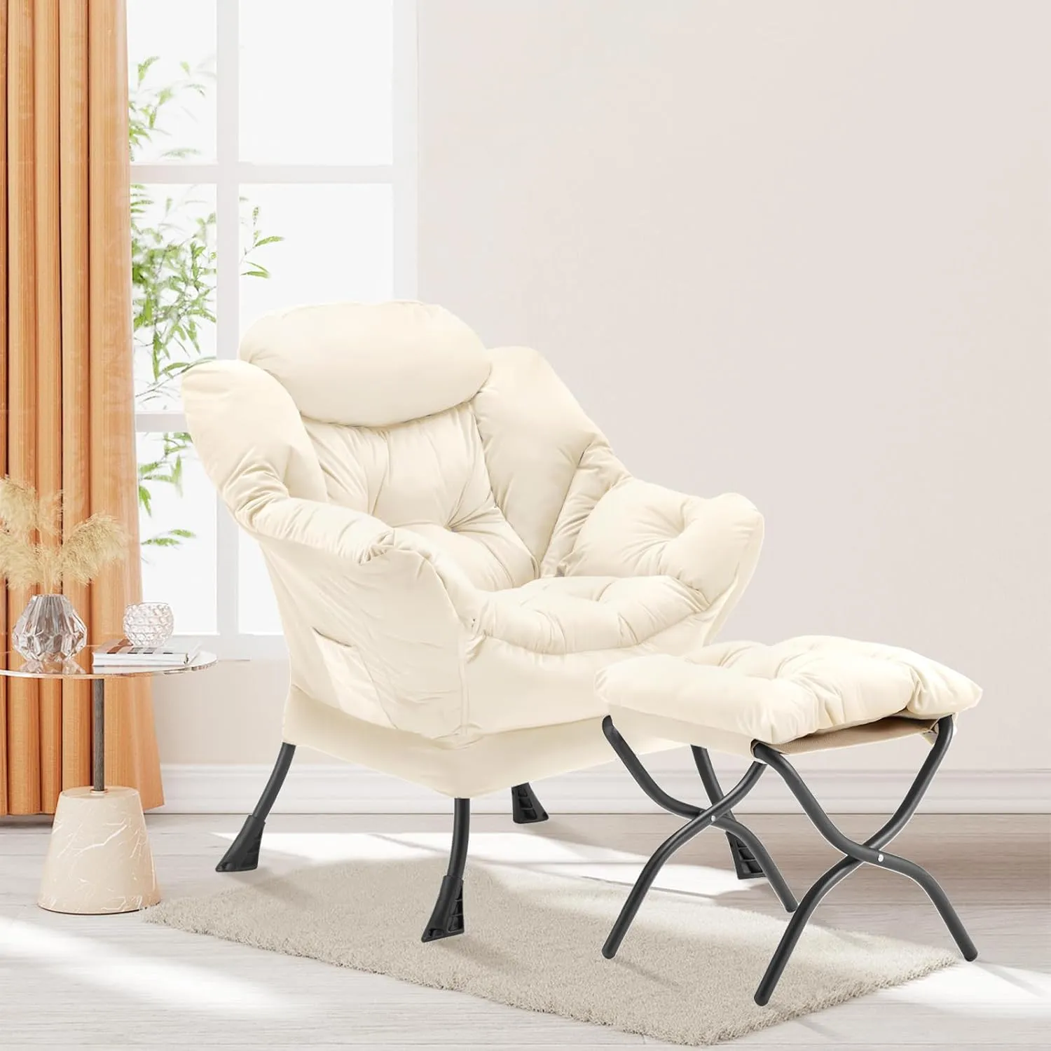 Lazy Chair with Folding Ottoman, Accent Chair Velvet Upholstered with Metal Structure and Non-Slip Pads, Sofa Armchair with Footrest and Side Storage Bag for Dorm, Room, Office, Beige