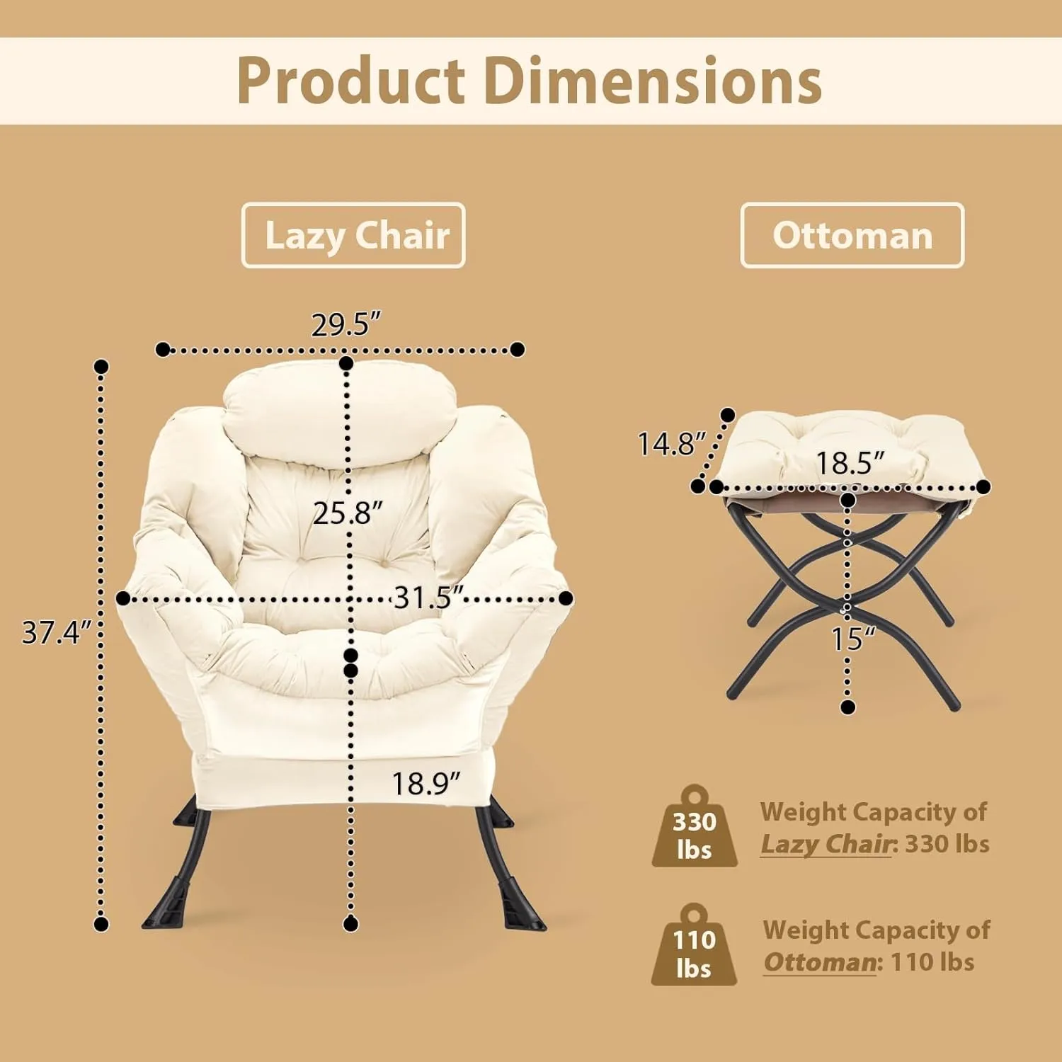 Lazy Chair with Folding Ottoman, Accent Chair Velvet Upholstered with Metal Structure and Non-Slip Pads, Sofa Armchair with Footrest and Side Storage Bag for Dorm, Room, Office, Beige