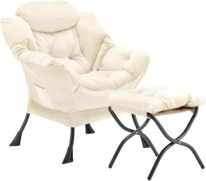 Lazy Chair with Folding Ottoman, Accent Chair Velvet Upholstered with Metal Structure and Non-Slip Pads, Sofa Armchair with Footrest and Side Storage Bag for Dorm, Room, Office, Beige