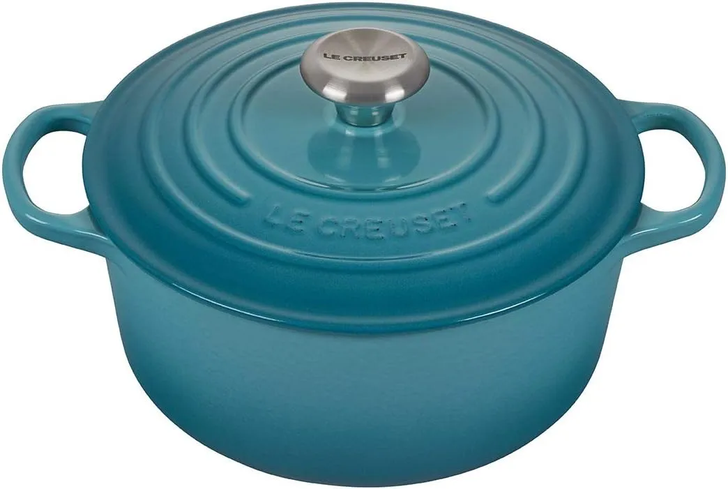 Le Creuset 5-Piece Cookware Bundle: 4-1/2 QT Round Dutch Oven, 8 QT Covered Stockpot, and 10" Toughened Nonstick Pro Fry Pan - Caribbean