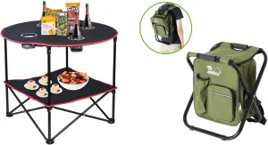 LEADALLWAY Camping Table Folding Picnic Table with 4 Cup Holders Backpack Fishing Chair with Cooler Bag Foldable Stool Set