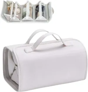 Leather Waterproof Cosmetic Bag, Waterproof Travel Toiletry Bag 4 Detachable Clear Compartment, Roll Up Makeup 4-In-1 Pu Leather Makeup Organizer Bag with 4 Detachable Pouches (White)