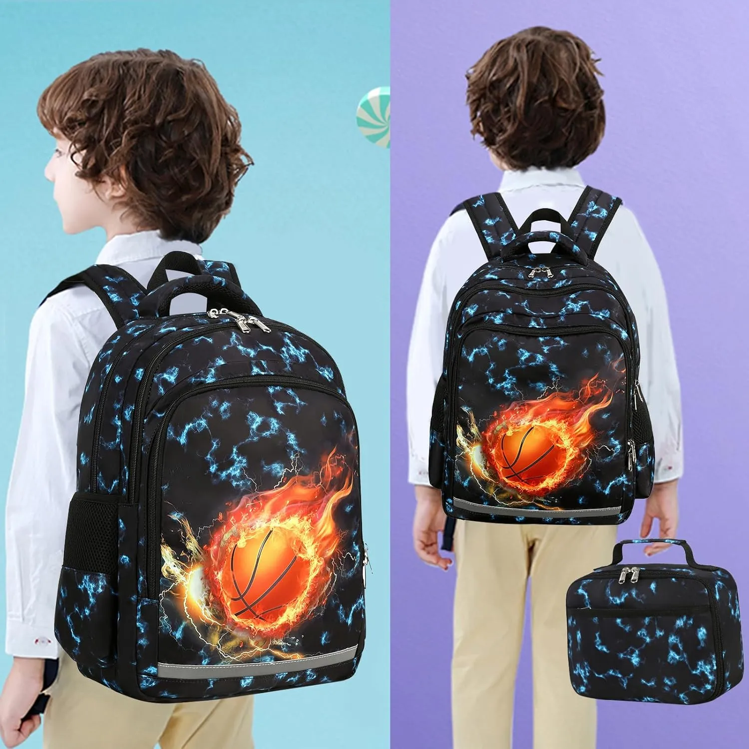 LEDAOU Kids Preschool Backpack Lunch Box Boys Kindergarten BookBag Primary Waterproof School Bag 7 Pockets with Chest Strap (Basketball Black)