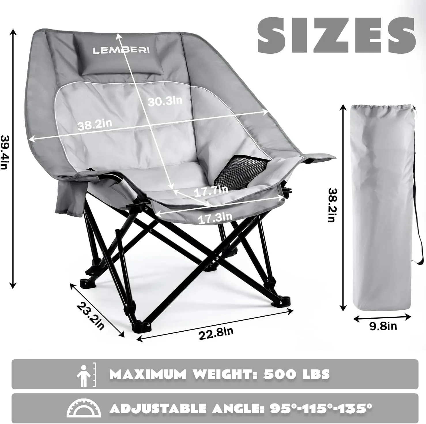 LEMBERI Oversized Heavy Duty Camping Chair for Adults,500lbs Comfortable Folding Lawn Chairs,Large Outdoor Portable Chair with Cup Holder,Side Pocket and Cooler Bag