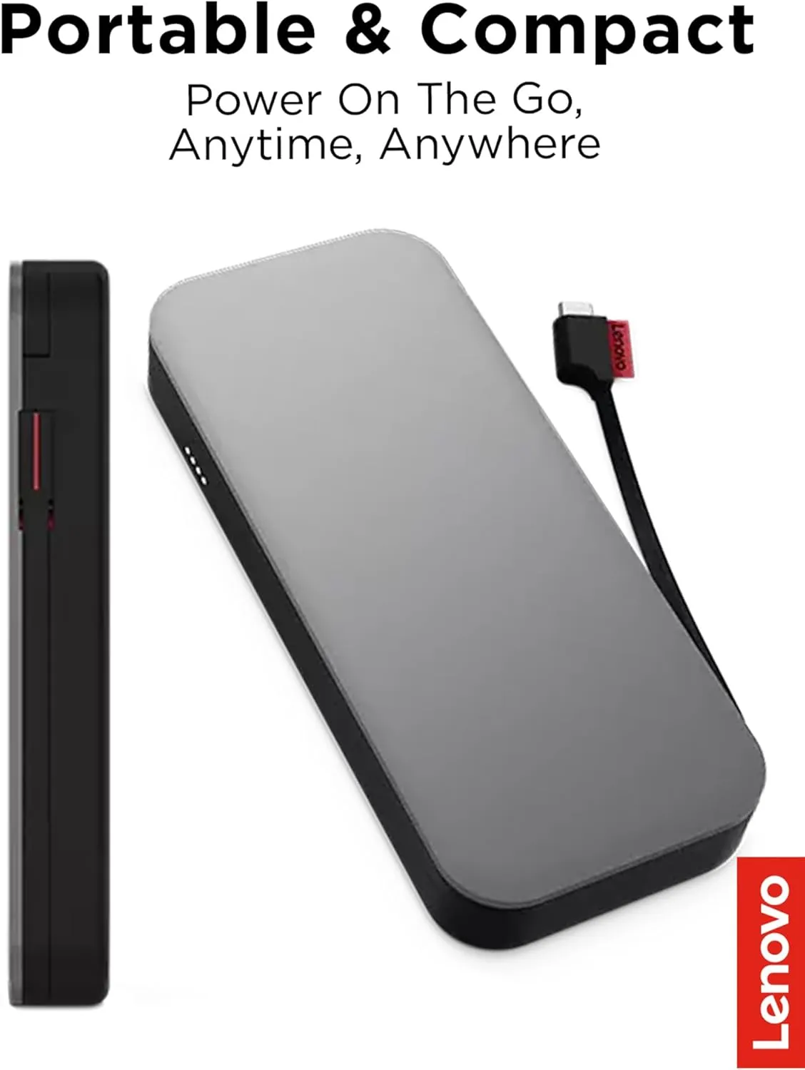 Lenovo Go USB-C Laptop Power Bank (20000 mAh) - 65W - USB-C and USB-A Ports - Fast Charging Portable Power Station with Integrated Cable - Model PBLG2W - Storm Grey