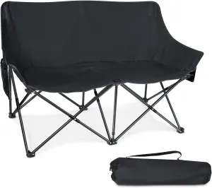 Leonyo Double Camping Chair, Loveseat Camping Chair, Outdoor Folding Moon Chairs for Adults, Side Pockets & Carry Bag for Outside, Hiking, Travel, Beach and Sports, Supports 500lbs (Black)