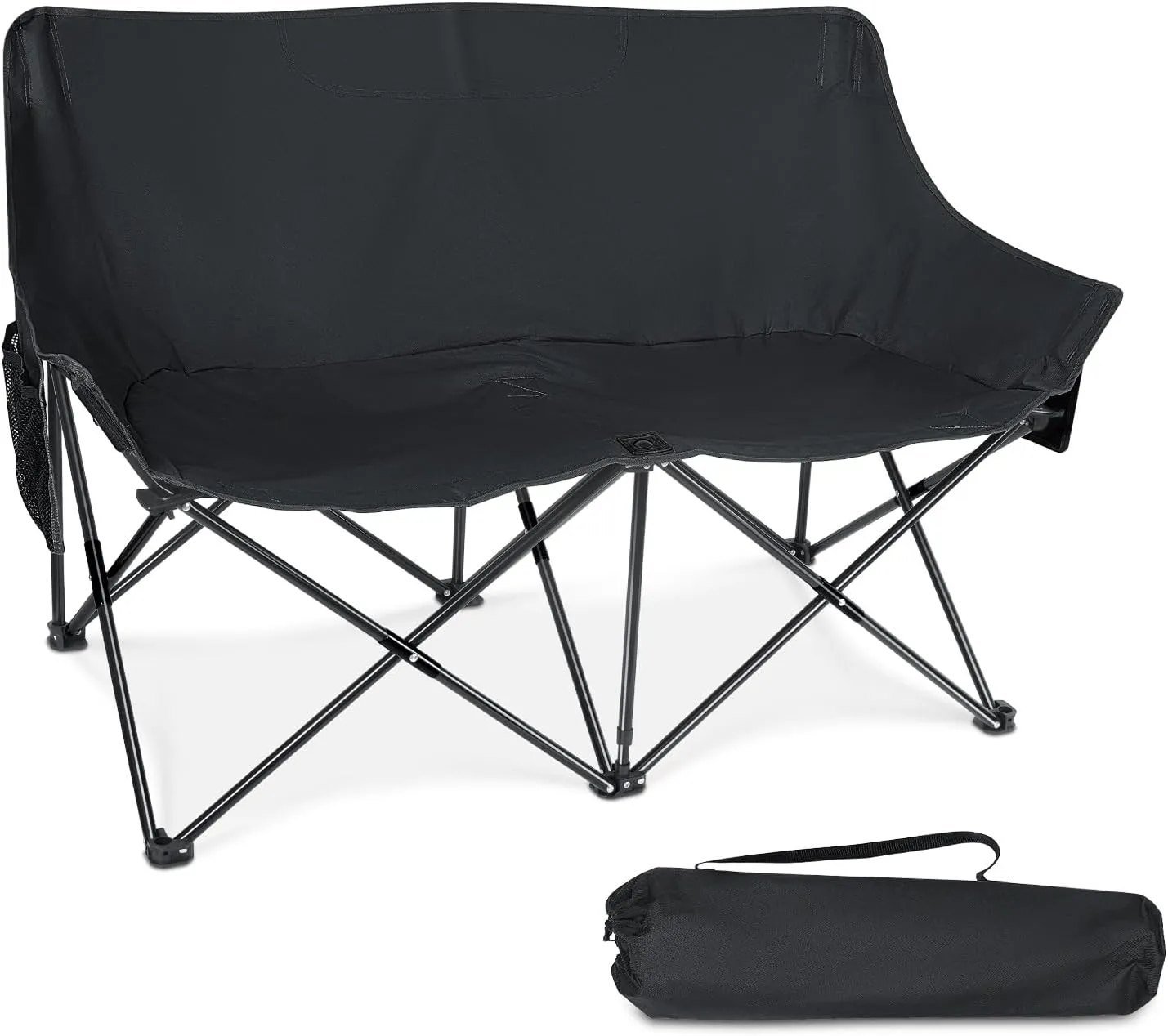 Leonyo Double Camping Chair, Loveseat Camping Chair, Outdoor Folding Moon Chairs for Adults, Side Pockets & Carry Bag for Outside, Hiking, Travel, Beach and Sports, Supports 500lbs (Black)