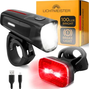 LICHTMEISTER® Bike Lights 100 Lux - 2000 mAh Battery - with Reflector & Brake Light - USB-C Rechargeable & Splash Proof - Bike Lights for Night Riding - Bike Headlight