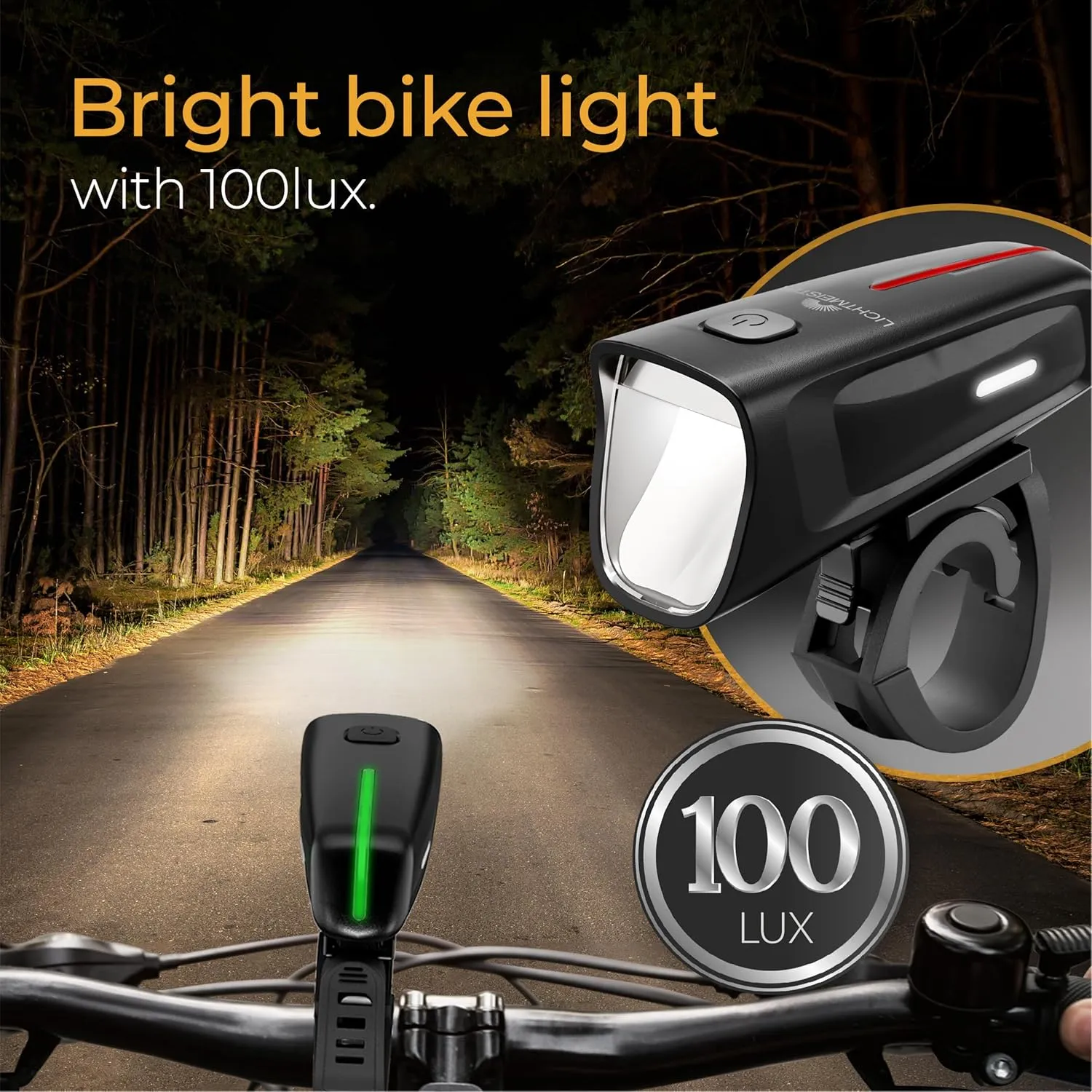 LICHTMEISTER® Bike Lights 100 Lux - 2000 mAh Battery - with Reflector & Brake Light - USB-C Rechargeable & Splash Proof - Bike Lights for Night Riding - Bike Headlight