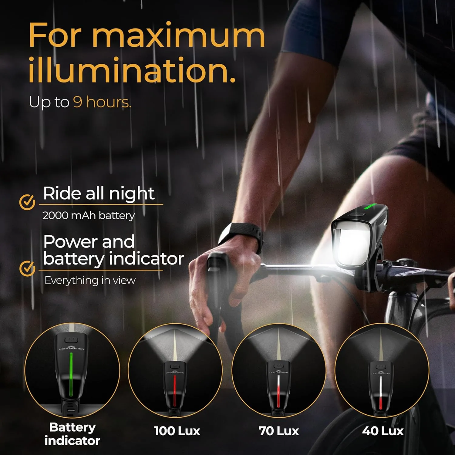 LICHTMEISTER® Bike Lights 100 Lux - 2000 mAh Battery - with Reflector & Brake Light - USB-C Rechargeable & Splash Proof - Bike Lights for Night Riding - Bike Headlight