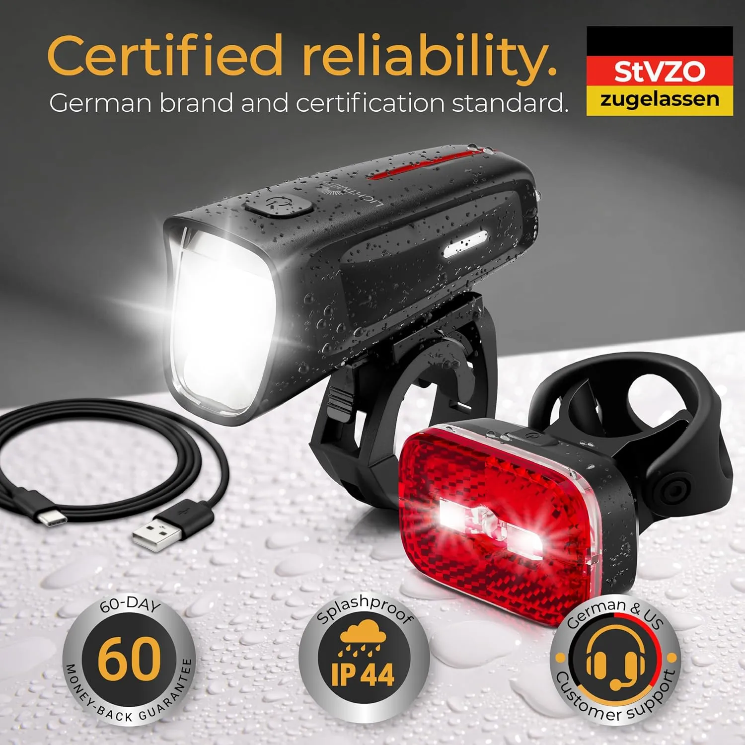 LICHTMEISTER® Bike Lights 100 Lux - 2000 mAh Battery - with Reflector & Brake Light - USB-C Rechargeable & Splash Proof - Bike Lights for Night Riding - Bike Headlight