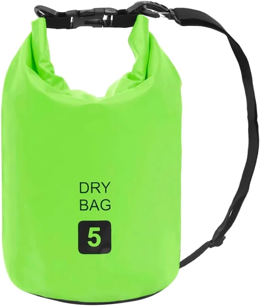 Lightweight Waterproof Dry Bag for Outdoor Adventures, 1.3 gal Capacity, Adjustable Shoulder Straps, Green and Black