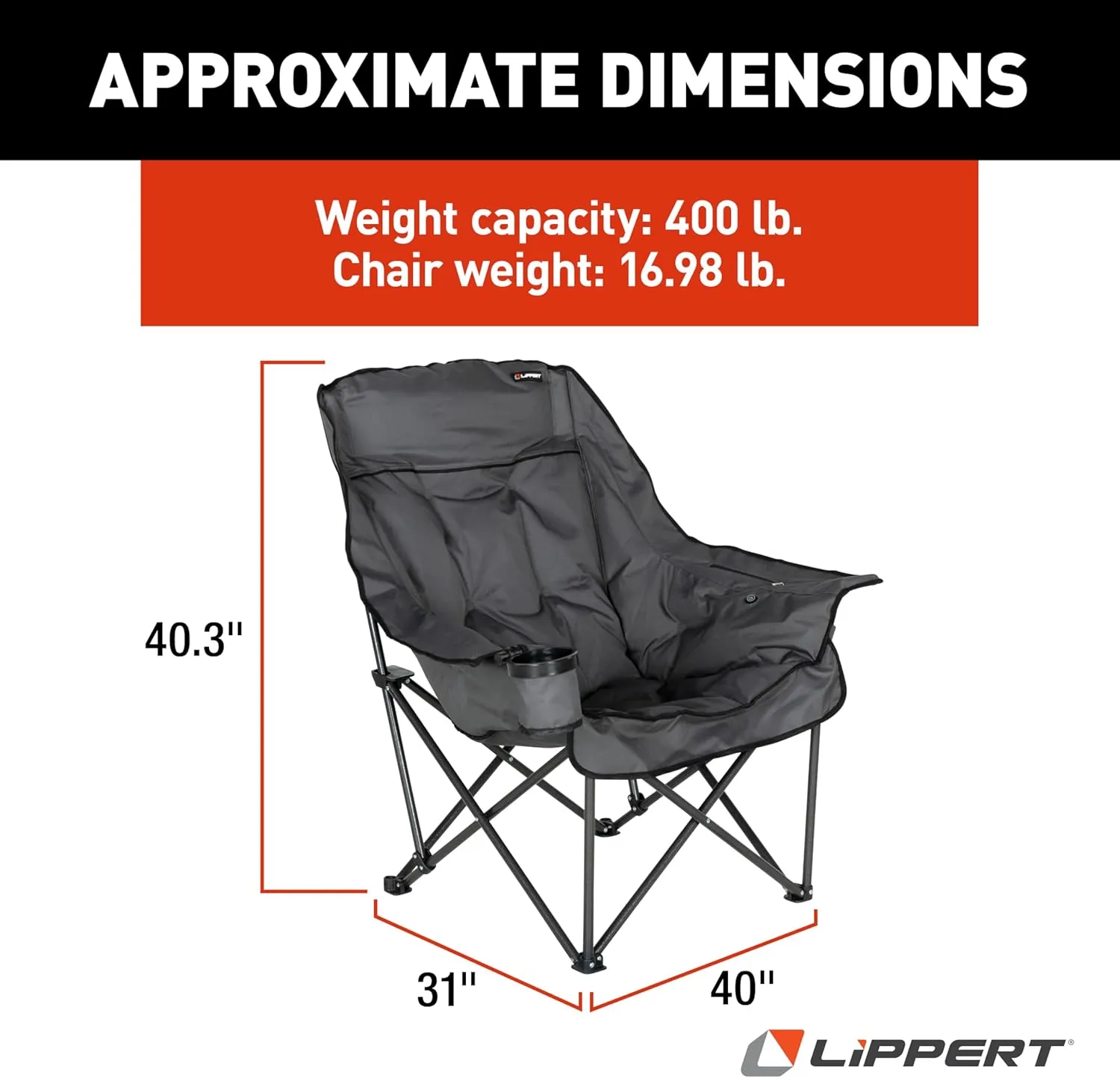 Lippert Big Bear Dark Grey Heated Folding Camping Chair with Power Bank, Two Heat Zones, 400-lb. Weight Capacity, 600D Polyester Fabric, High-Loft Cushioning, Zippered Carrying Bag - 2024043334