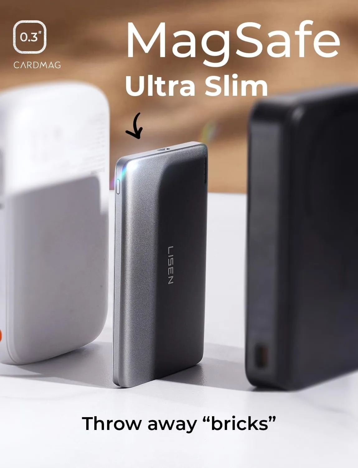 LISEN 0.3‘’ Ultra Slim MagSafe Portable Charger iPhone,Alloy 5,000mAh Wireless Charge Card Phone Charger,Slim MagSafe Battery Pack,Magnetic Power Bank for iPhone 16e Pro Max/15/14/13/12,Glacier Gray