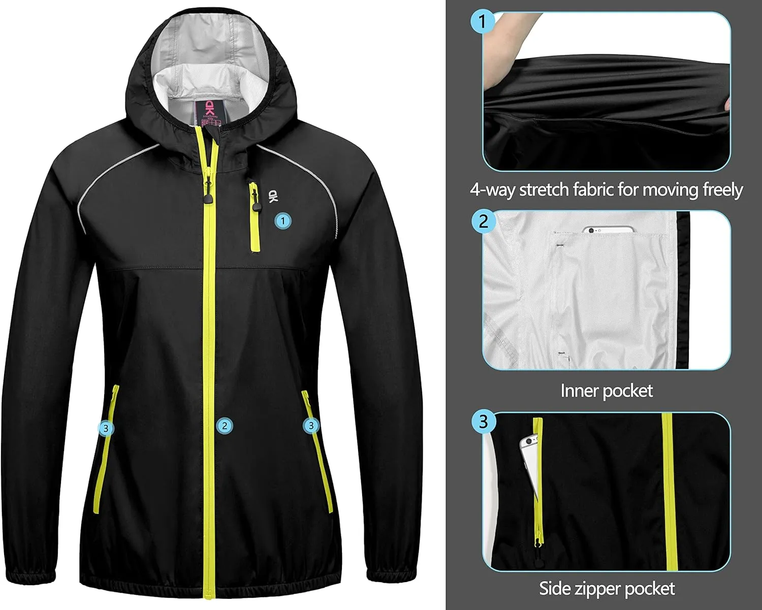 Little Donkey Andy Women's Lightweight Rain Cycling Stretch Jacket with Hood, Windproof and Waterproof, Ultralight Packable