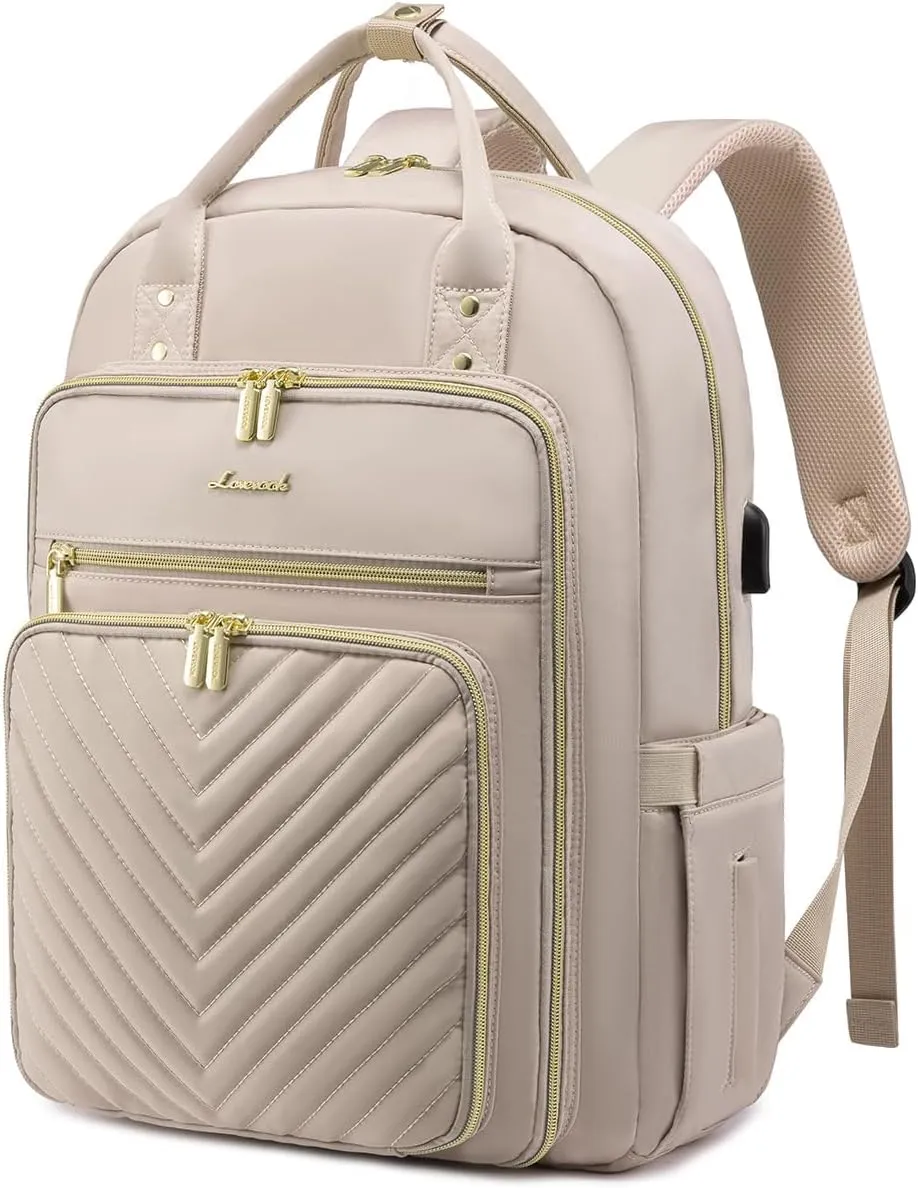 LOVEVOOK Laptop Backpack for Women, Water Resistant Travel Work Backpacks Purse Stylish Business Teacher Nurse Computer Bag with USB Charging Port,Antiquewhite