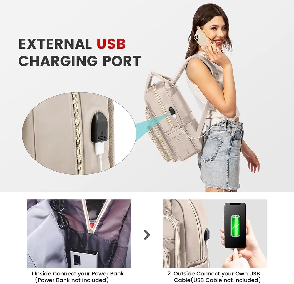 LOVEVOOK Laptop Backpack for Women, Water Resistant Travel Work Backpacks Purse Stylish Business Teacher Nurse Computer Bag with USB Charging Port,Antiquewhite