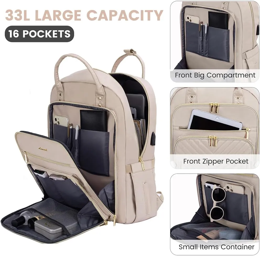 LOVEVOOK Laptop Backpack for Women, Water Resistant Travel Work Backpacks Purse Stylish Business Teacher Nurse Computer Bag with USB Charging Port,Antiquewhite