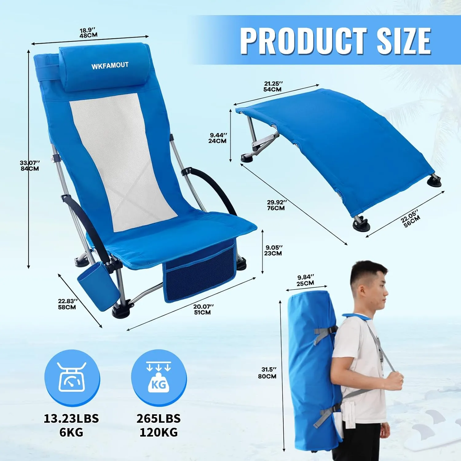 Low Folding Beach Chair 2 Pack with Footrest for Adults 265Lbs High Back Beach Chair Portable with Cup Holder Lightweight for Outdoor Sand Concert Travel Blue