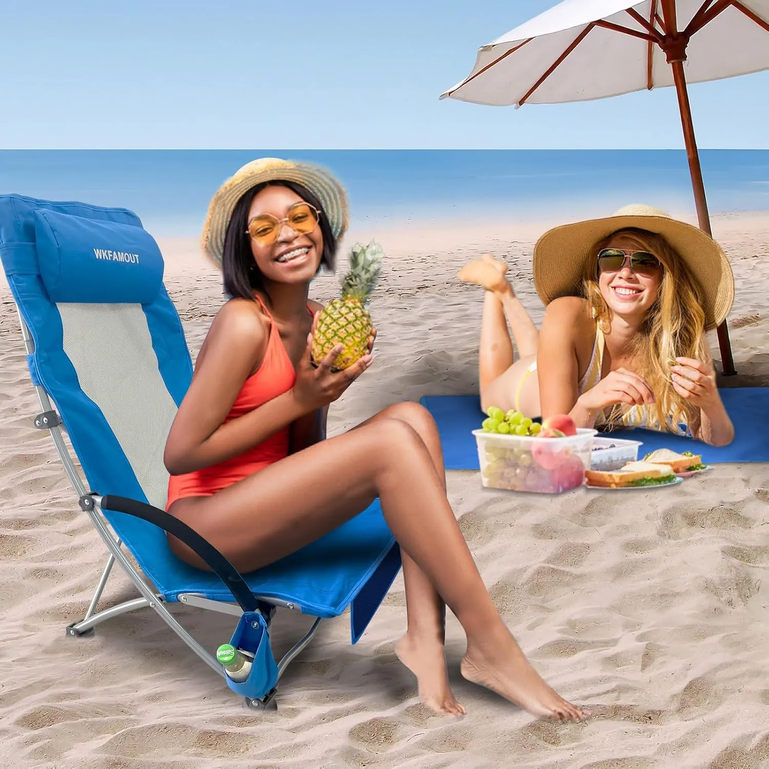 Low Folding Beach Chair 2 Pack with Footrest for Adults 265Lbs High Back Beach Chair Portable with Cup Holder Lightweight for Outdoor Sand Concert Travel Blue