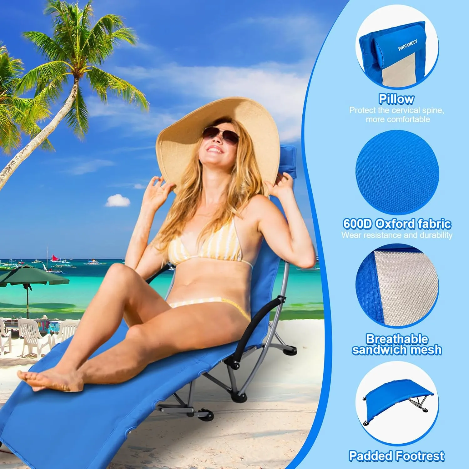 Low Folding Beach Chair 2 Pack with Footrest for Adults 265Lbs High Back Beach Chair Portable with Cup Holder Lightweight for Outdoor Sand Concert Travel Blue