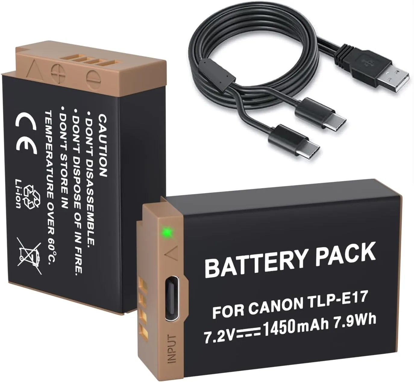 LP LP-E17 Battery 2-Pack 1450mah USB-C Charging Port Battery for Canon EOS R50 RP R10 R8, Rebel T8i, T7i, T6i, T6s, SL2, SL3, EOS M3, M5, M6, EOS 200D,77D,750D,760D,800D,8000D Digital SLR Camera