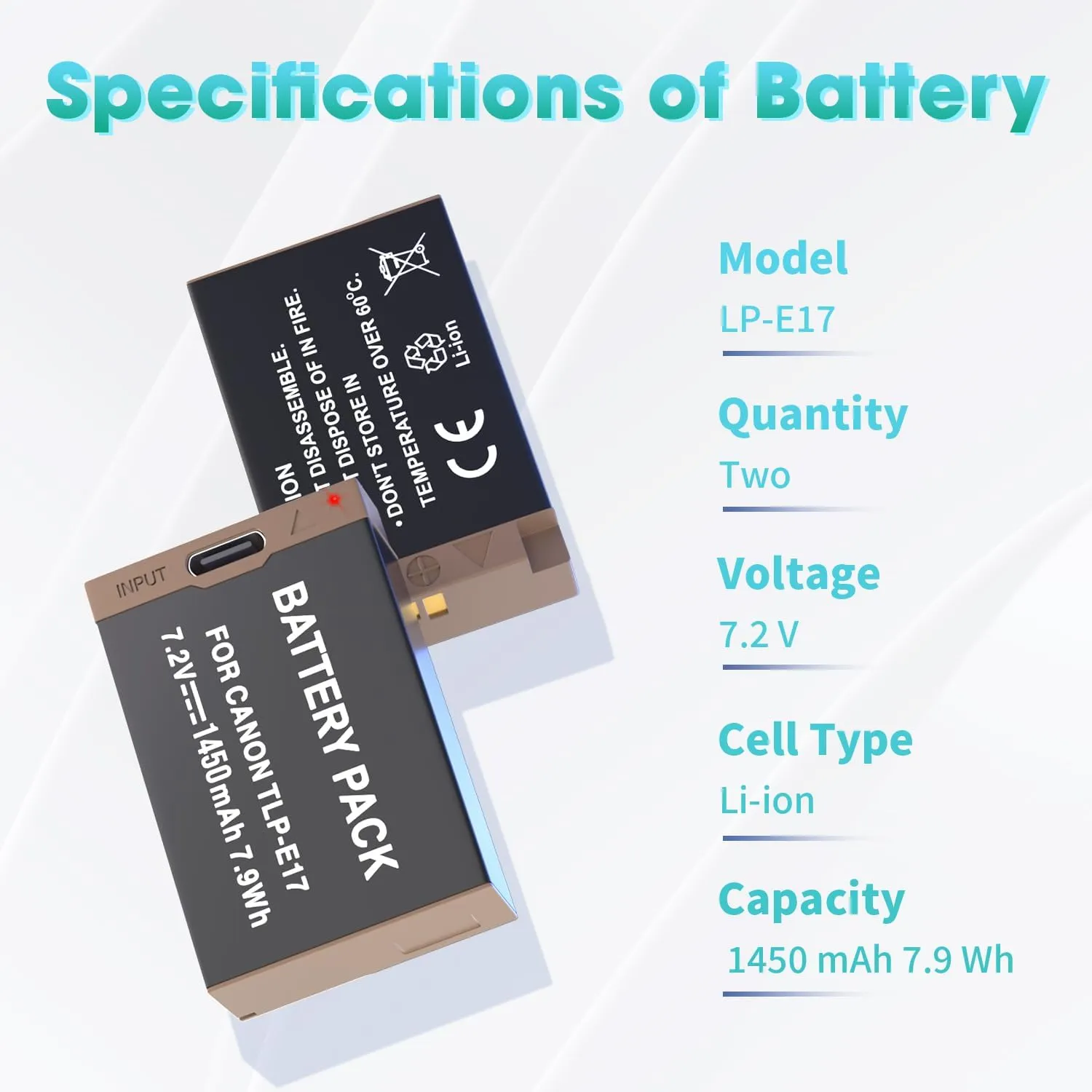 LP LP-E17 Battery 2-Pack 1450mah USB-C Charging Port Battery for Canon EOS R50 RP R10 R8, Rebel T8i, T7i, T6i, T6s, SL2, SL3, EOS M3, M5, M6, EOS 200D,77D,750D,760D,800D,8000D Digital SLR Camera