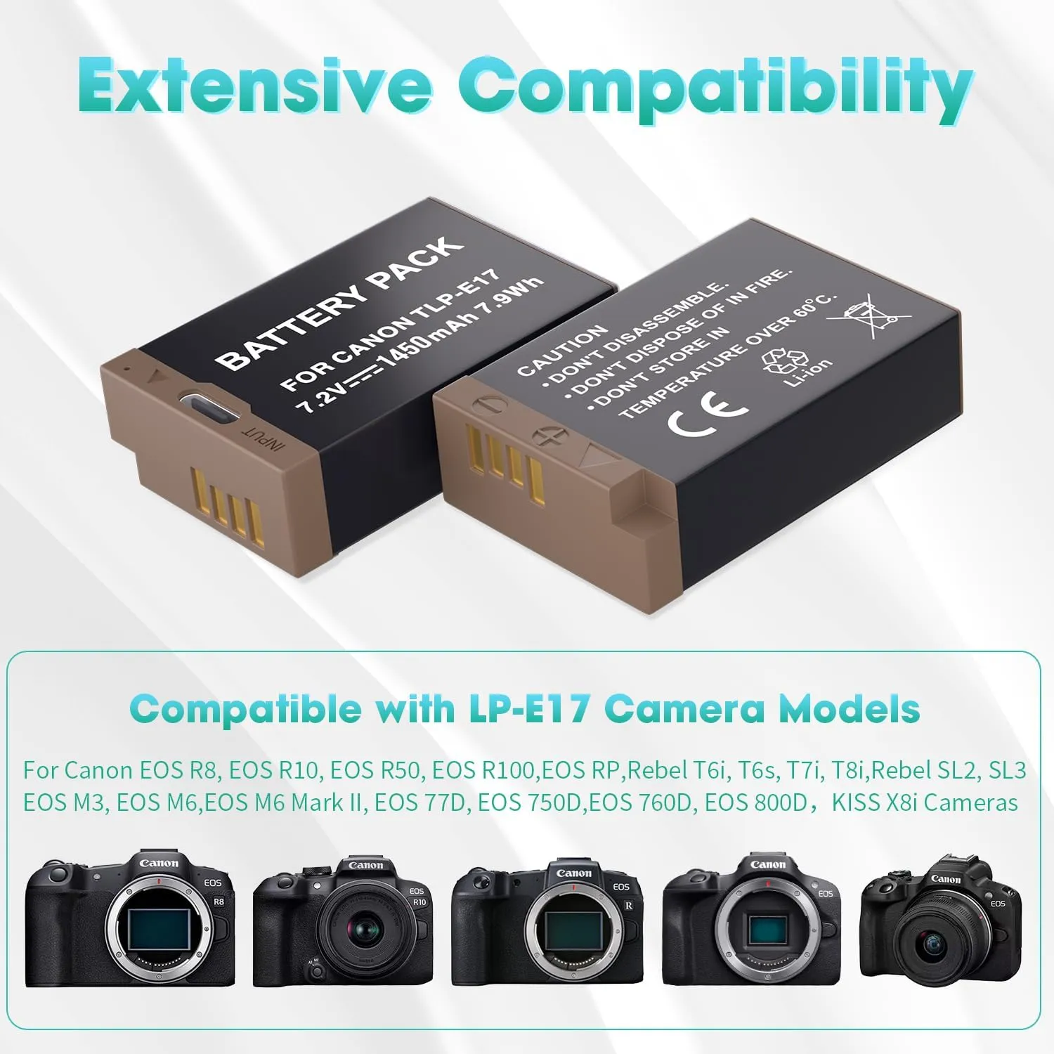 LP LP-E17 Battery 2-Pack 1450mah USB-C Charging Port Battery for Canon EOS R50 RP R10 R8, Rebel T8i, T7i, T6i, T6s, SL2, SL3, EOS M3, M5, M6, EOS 200D,77D,750D,760D,800D,8000D Digital SLR Camera