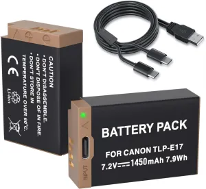 LP LP-E17 Battery 2-Pack 1450mah USB-C Charging Port Battery for Canon EOS R50 RP R10 R8, Rebel T8i, T7i, T6i, T6s, SL2, SL3, EOS M3, M5, M6, EOS 200D,77D,750D,760D,800D,8000D Digital SLR Camera