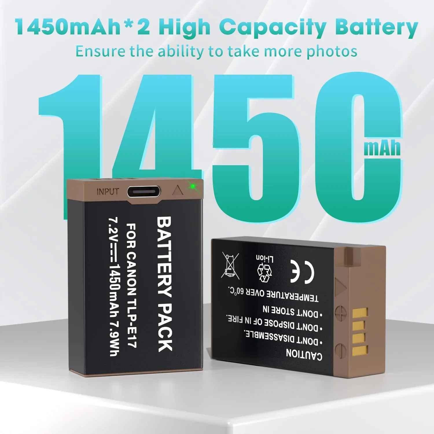 LP LP-E17 Battery 2-Pack 1450mah USB-C Charging Port Battery for Canon EOS R50 RP R10 R8, Rebel T8i, T7i, T6i, T6s, SL2, SL3, EOS M3, M5, M6, EOS 200D,77D,750D,760D,800D,8000D Digital SLR Camera