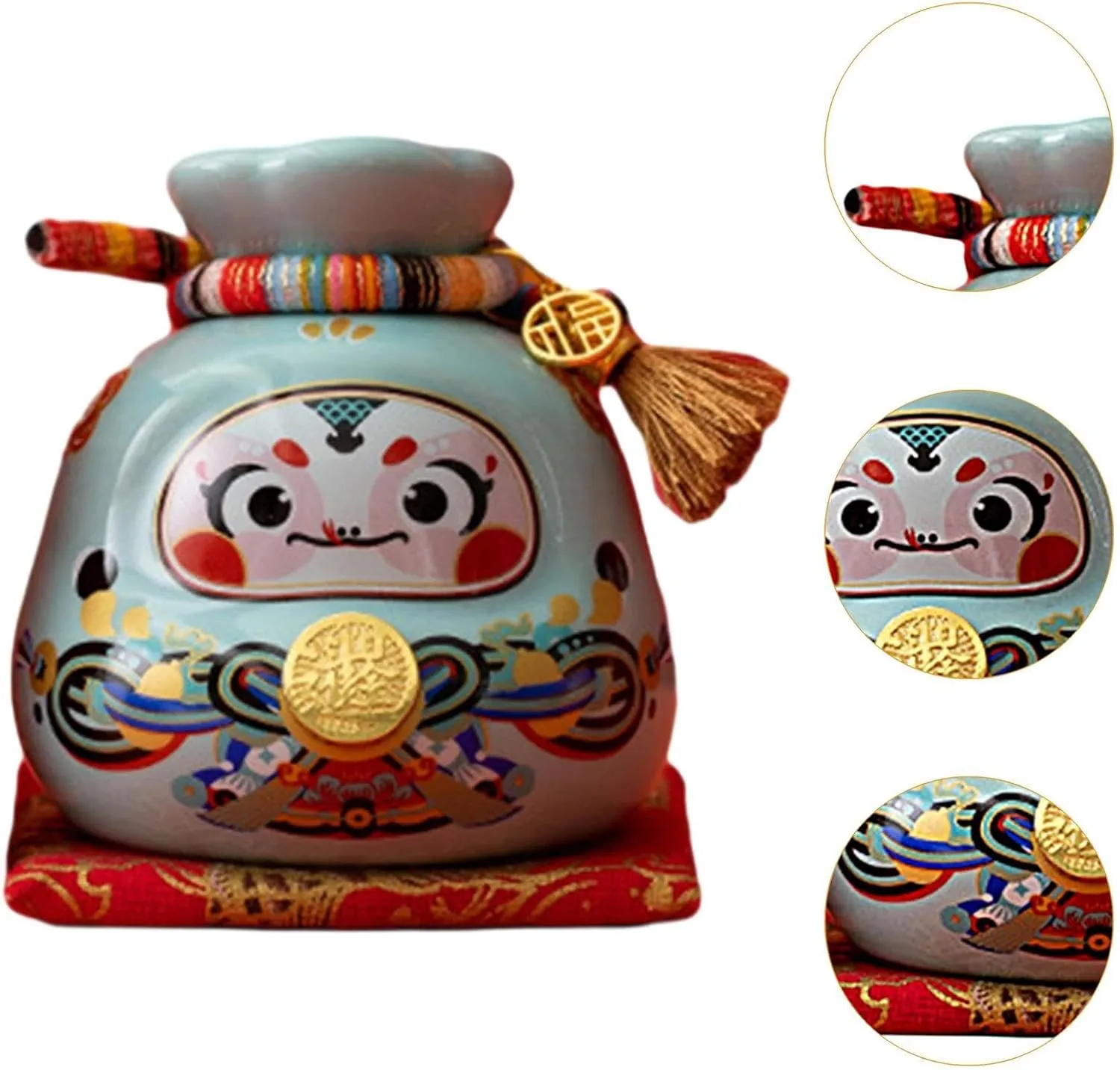 Lucky Bag Piggy Bank with Cushion Money Bag Statue Gift Container Organizer Money Saving Box for Party Bedroom Desk Shelf, Blue