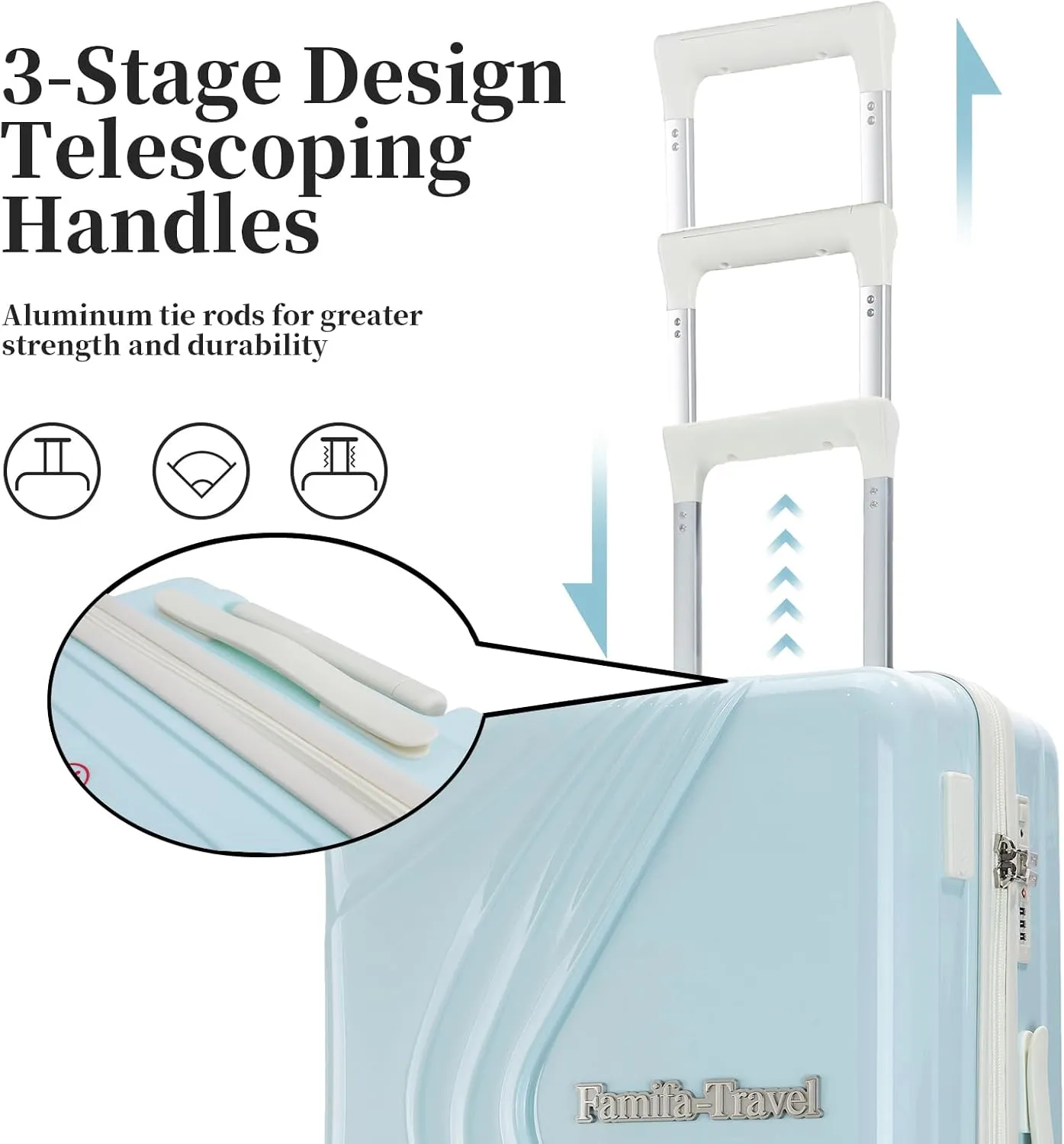Luggage Set 3 Piece wiht Spinner Wheel TSA lock, PC ABS Durable Hardshell Suitcase Sets, Carry on Suitcase with USB Port and Phone Holder (Sky Blue, 20in24in28in)