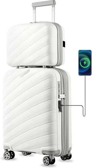 LUGGEX Carry on Luggage, Lightweight Suitcase 2 Piece with Spinner Wheels (White, 14/20)