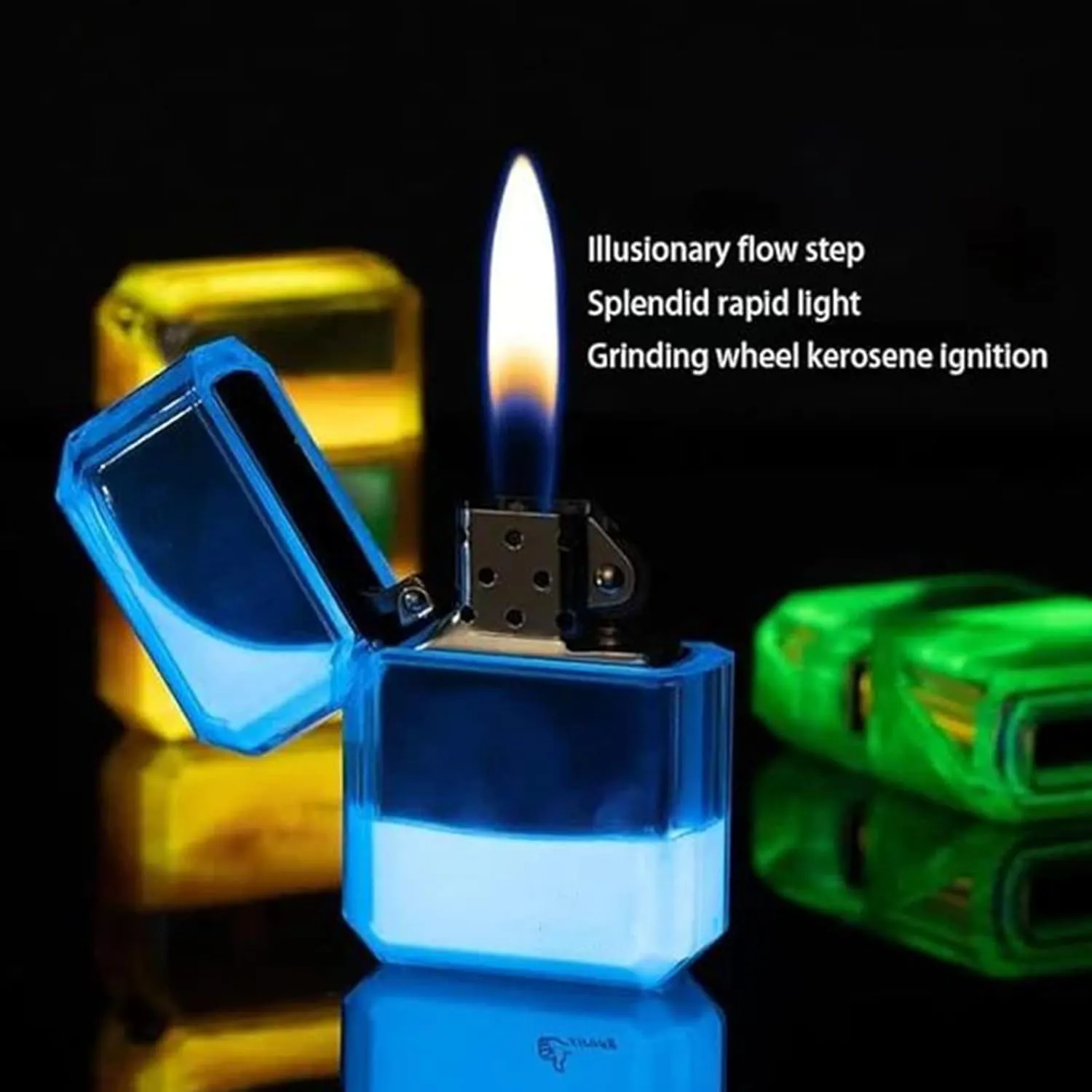 Luminous Color Quicksand Kerosene Windproof Lighter, Wheel Kerosene Lighter, Refillable Gas Butane Lighters with Fine Gift Packaging (Green)(Red)