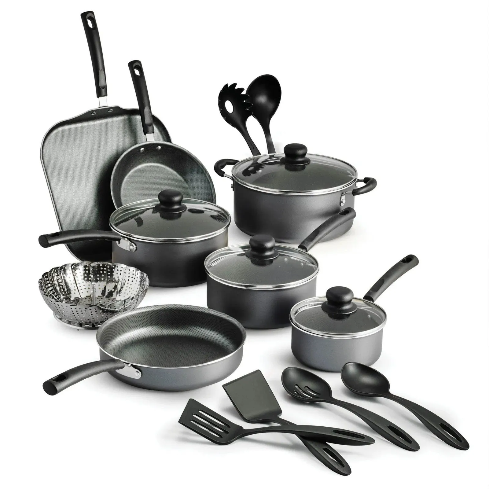 LunaLulink Impressive variety 18 Steel Non-stick Cookware Piece Set, Flawless Gray