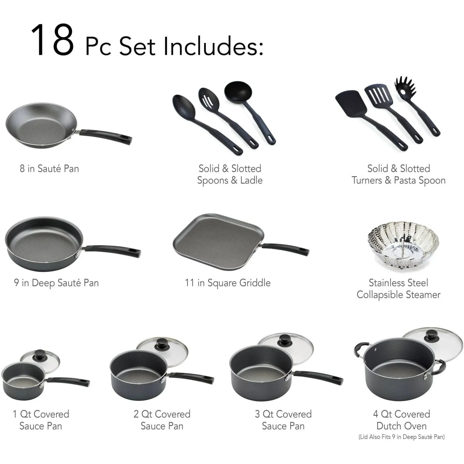 LunaLulink Impressive variety 18 Steel Non-stick Cookware Piece Set, Flawless Gray
