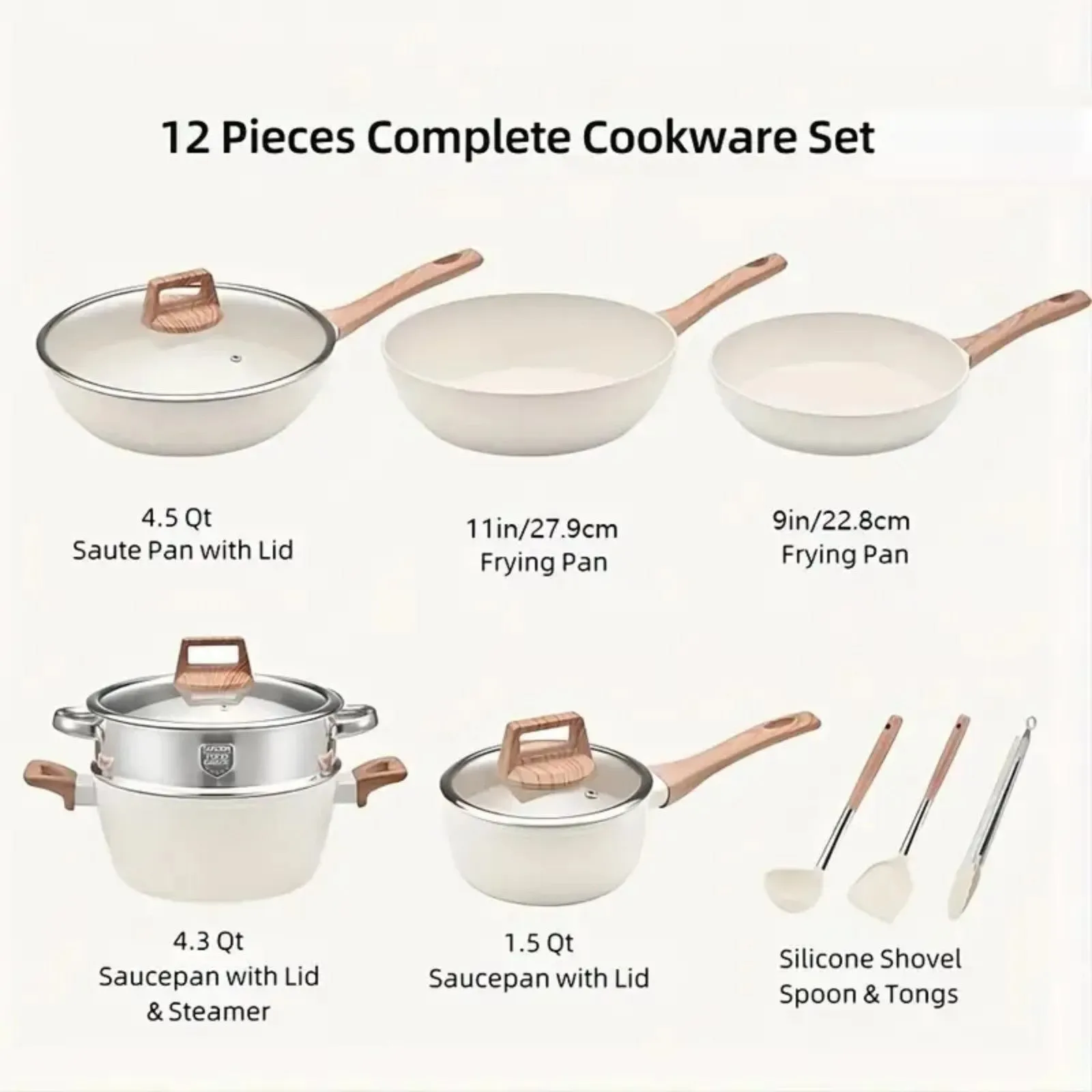 LunaLulink Tongs Nonstick Comprehensive assistance Pan, Reduced with Set Granite Spatula Frying Silicone and Cooking Skillet, 12-Piece Steamer,